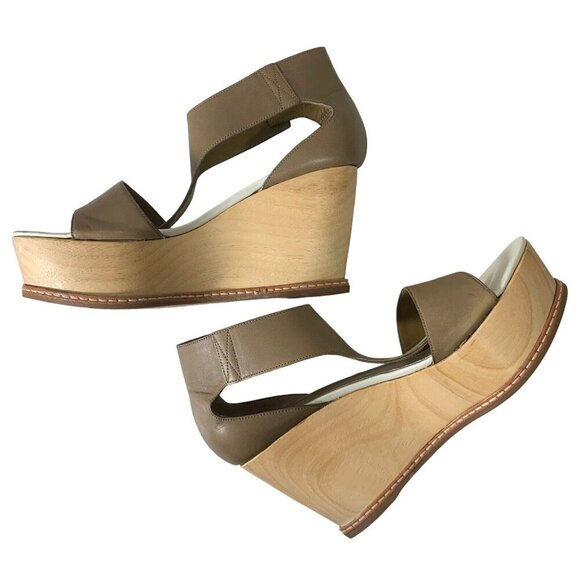 Derek Lam 38 Wedge Sandals Open Toe Side Buckle Green Brown Leather 3.5" heel - Picture 2 of 8